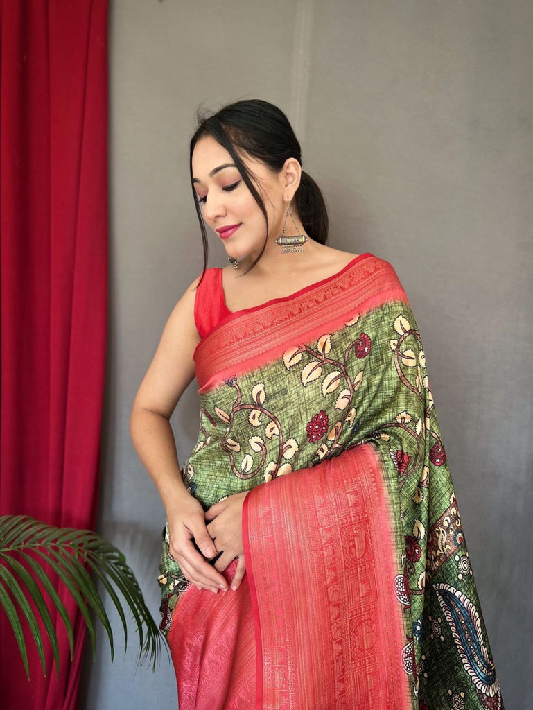 Mehendi Green Saree in Banarasi Silk with Kalamkari Prints Clothsvilla