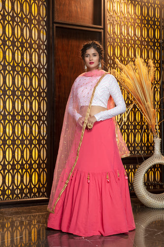 Melon Pink Georgette Lehenga Choli With Net Dupatta ClothsVilla