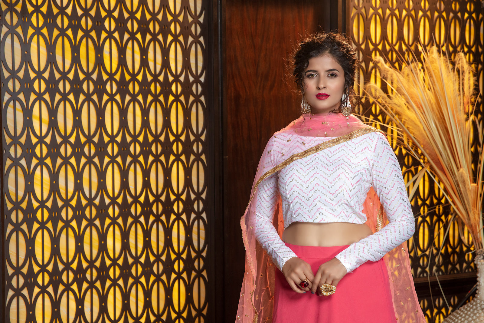 Melon Pink Georgette Lehenga Choli With Net Dupatta ClothsVilla