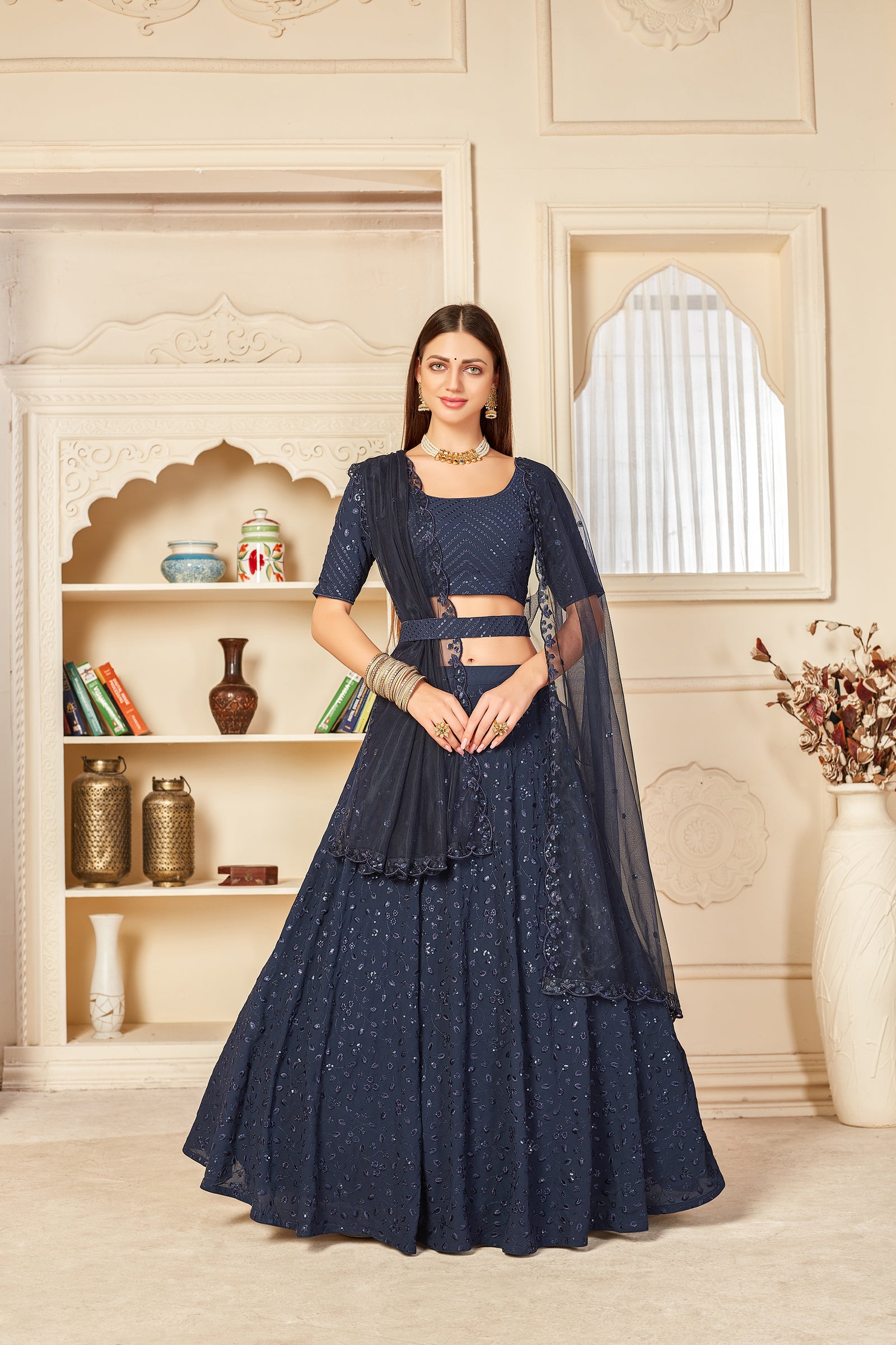 Mesmerizing Navy-Blue Thread And Sequins Embroidered Georgette Semi Stitched Ghagra Choli With Dupatta ClothsVilla