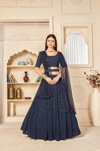 Mesmerizing Navy-Blue Thread And Sequins Embroidered Georgette Semi Stitched Ghagra Choli With Dupatta ClothsVilla