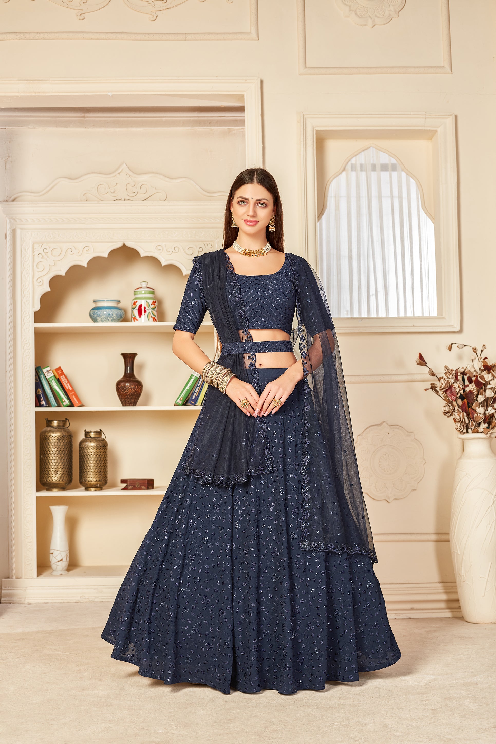 Mesmerizing Navy-Blue Thread And Sequins Embroidered Georgette Semi  Stitched Ghagra Choli With Dupatta