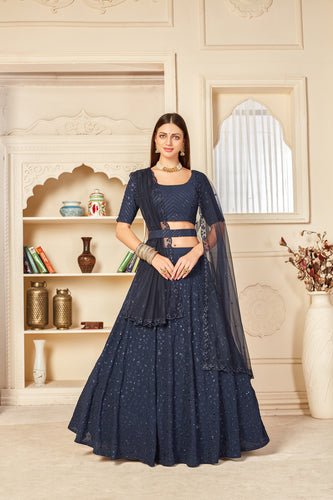Mesmerizing Navy-Blue Thread And Sequins Embroidered Georgette Semi Stitched Ghagra Choli With Dupatta ClothsVilla