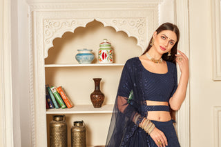 Mesmerizing Navy-Blue Thread And Sequins Embroidered Georgette Semi Stitched Ghagra Choli With Dupatta ClothsVilla