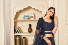 Load image into Gallery viewer, Mesmerizing Navy-Blue Thread And Sequins Embroidered Georgette Semi Stitched Ghagra Choli With Dupatta ClothsVilla