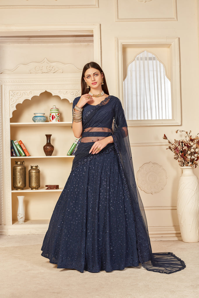 Mesmerizing Navy-Blue Thread And Sequins Embroidered Georgette Semi Stitched Ghagra Choli With Dupatta ClothsVilla