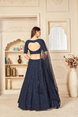 Mesmerizing Navy-Blue Thread And Sequins Embroidered Georgette Semi Stitched Ghagra Choli With Dupatta ClothsVilla