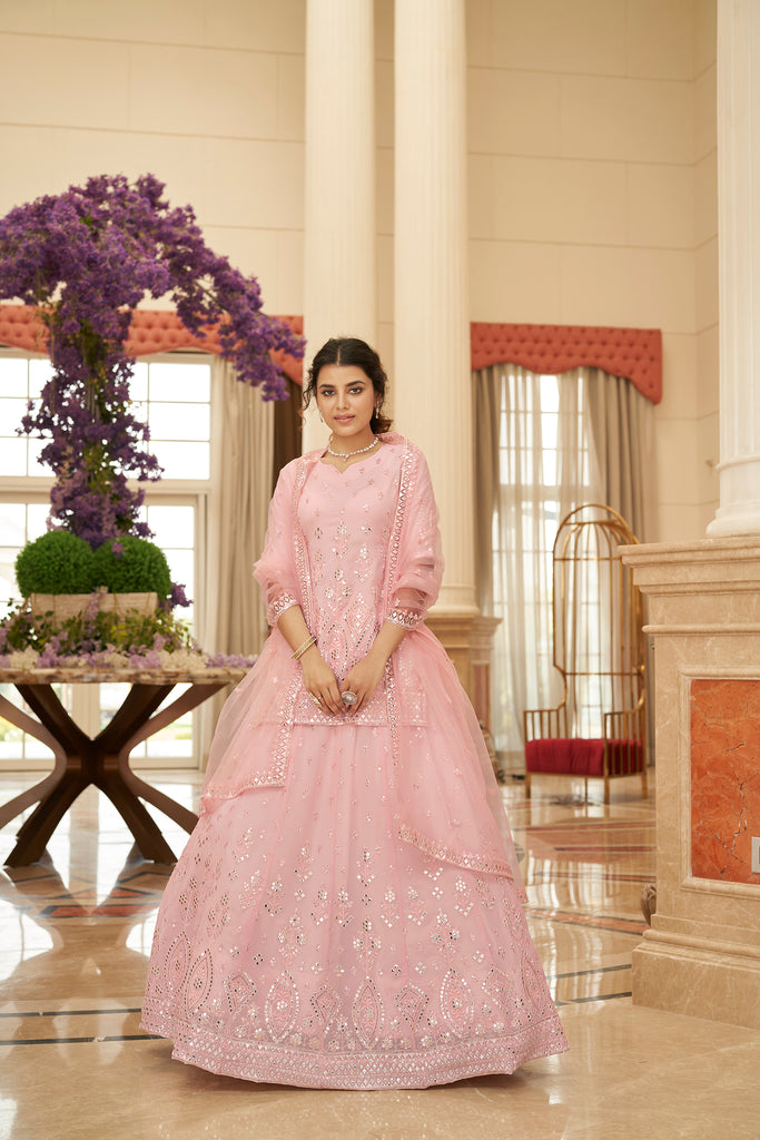 Pink Embroidered Thread Work Semi Stitched Georgette Lehenga & Unstitched Blouse With Dupatta ClothsVilla