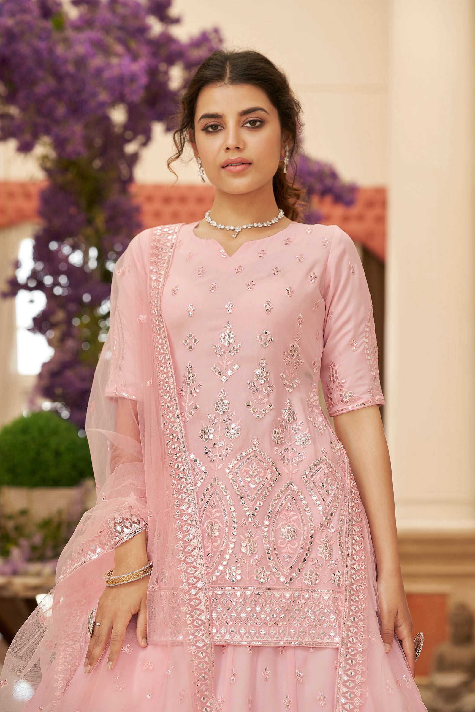 Pink Embroidered Thread Work Semi Stitched Georgette Lehenga & Unstitched Blouse With Dupatta ClothsVilla