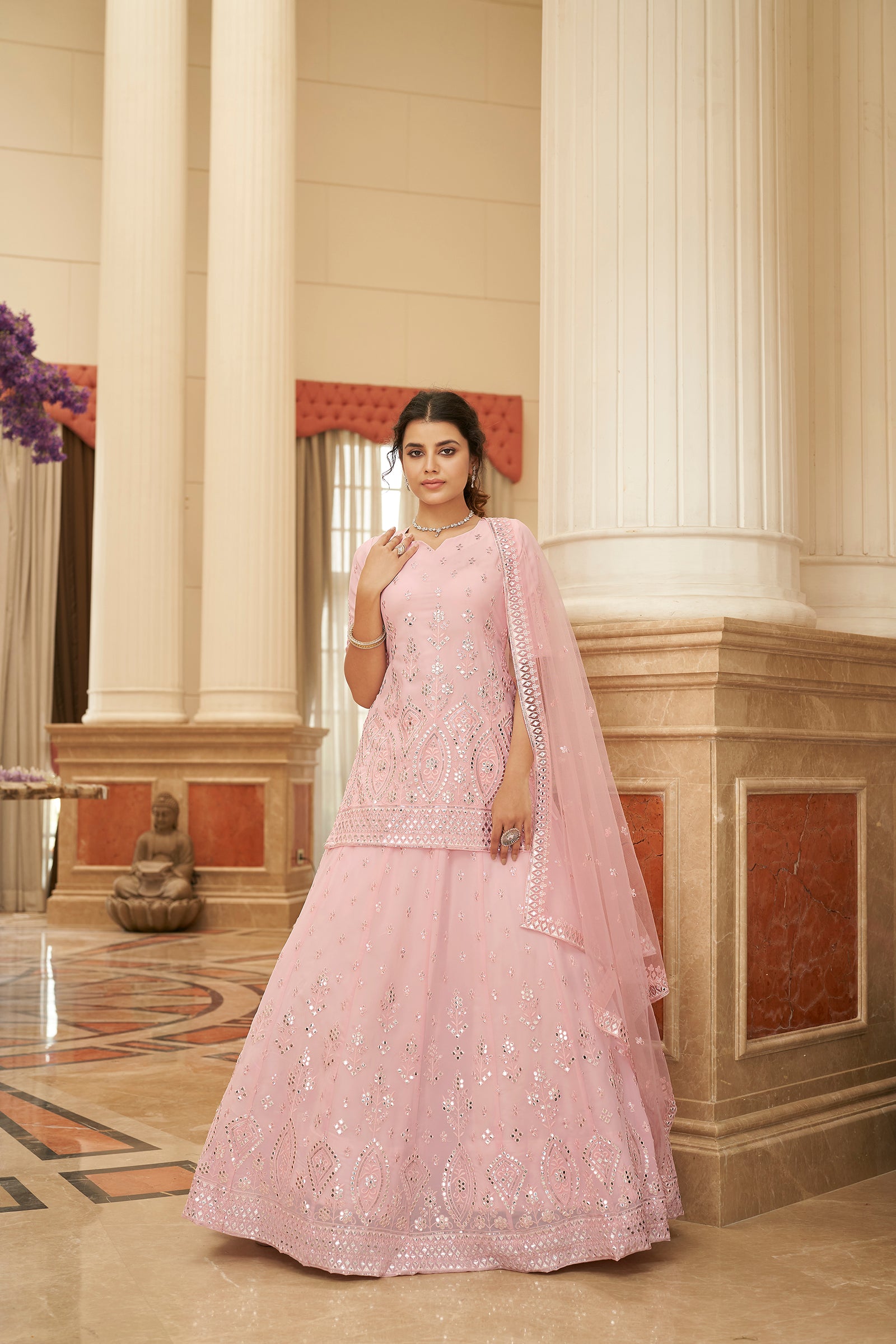 Pink Embroidered Thread Work Semi Stitched Georgette Lehenga & Unstitched Blouse With Dupatta ClothsVilla