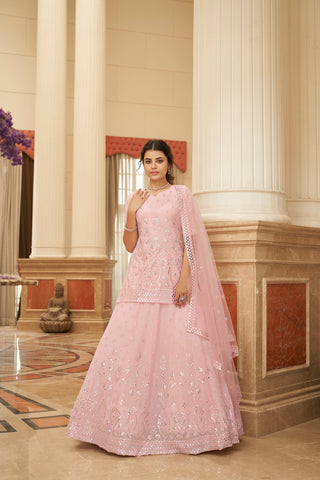 Pink Embroidered Thread Work Semi Stitched Georgette Lehenga & Unstitched Blouse With Dupatta ClothsVilla