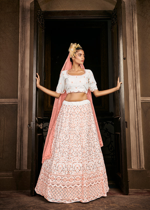 Mesmerizing Pearl White Sequins Embroidered Georgette Wedding Lehenga ClothsVilla