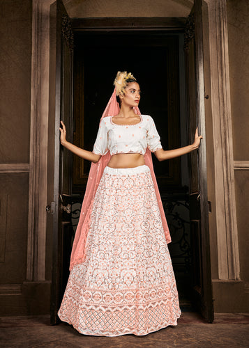 Mesmerizing Pearl White Sequins Embroidered Georgette Wedding Lehenga ClothsVilla