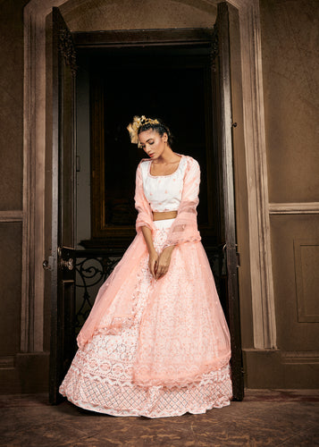 Mesmerizing Pearl White Sequins Embroidered Georgette Wedding Lehenga ClothsVilla