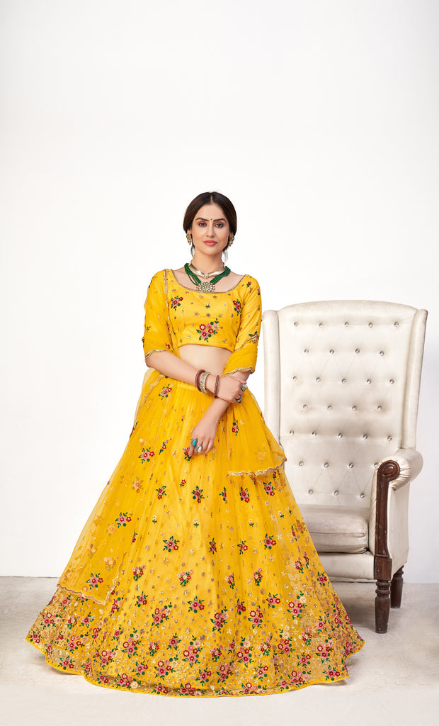 Mesmerizing Yellow Net Embroidered Choli Blouse With Lehenga Ghagra With Dupatta ClothsVilla