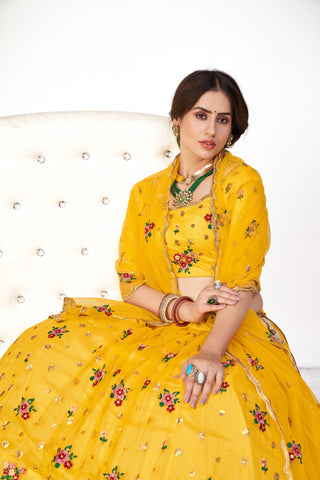 Mesmerizing Yellow Net Embroidered Choli Blouse With Lehenga Ghagra With Dupatta ClothsVilla