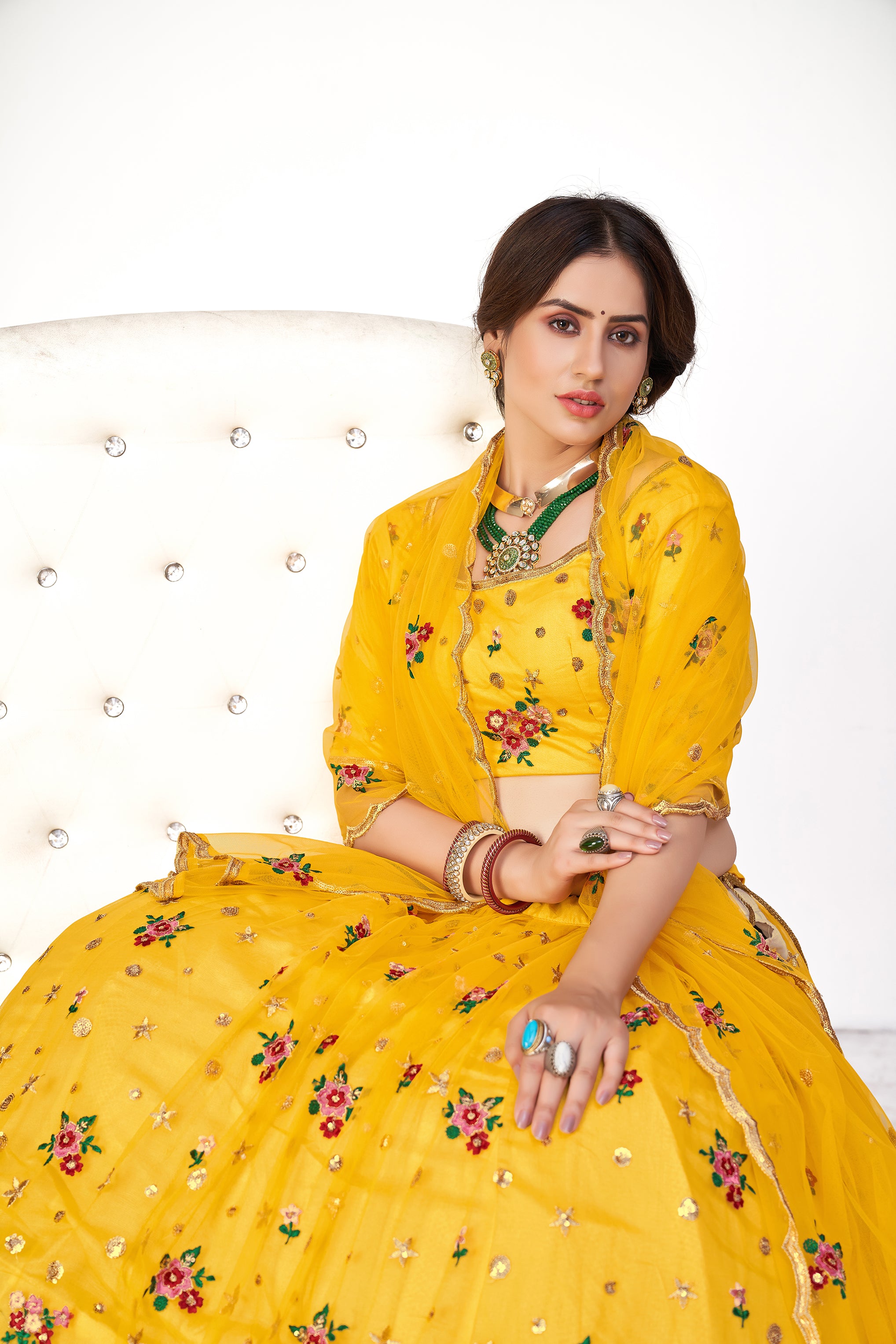 Mesmerizing Yellow Net Embroidered Choli Blouse With Lehenga Ghagra With Dupatta ClothsVilla
