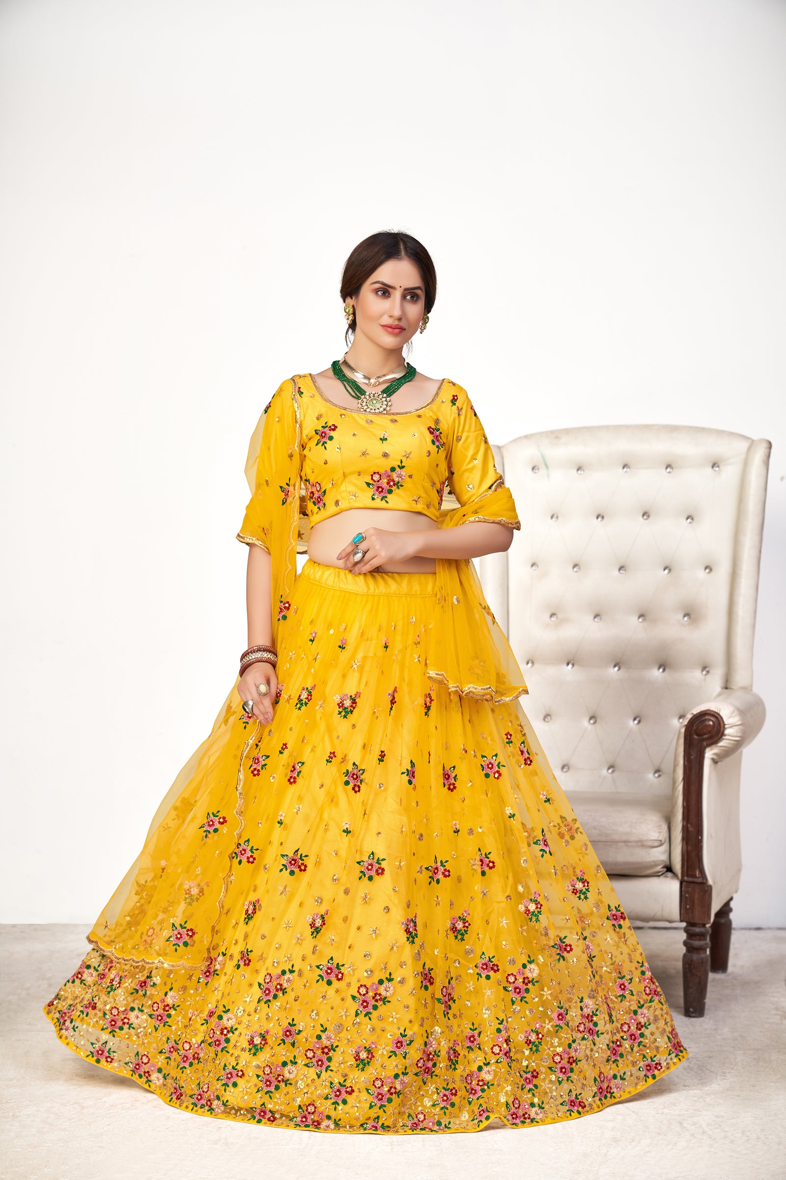 Mesmerizing Yellow Net Embroidered Choli Blouse With Lehenga Ghagra With Dupatta ClothsVilla