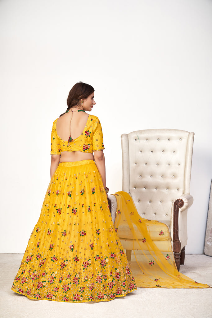 Mesmerizing Yellow Net Embroidered Choli Blouse With Lehenga Ghagra With Dupatta ClothsVilla
