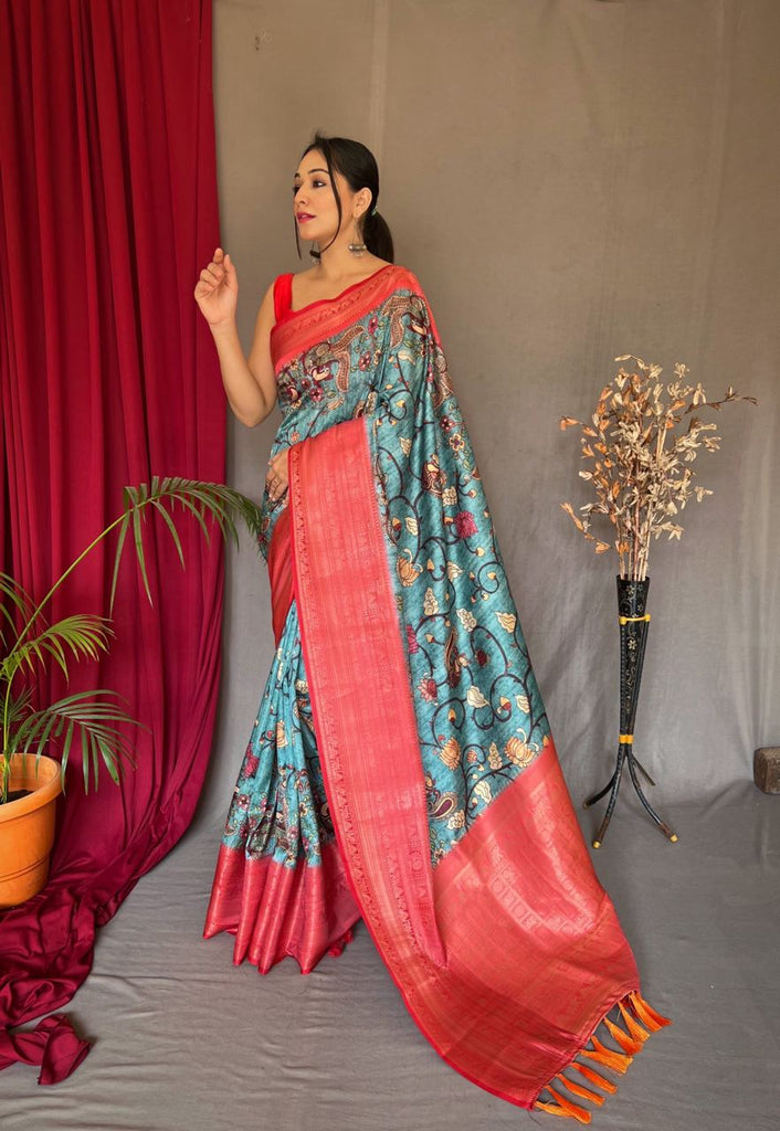 Metallic Blue Saree in Banarasi Silk with Kalamkari Prints Clothsvilla