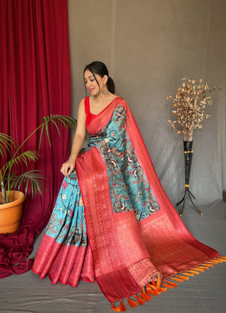 Metallic Blue Saree in Banarasi Silk with Kalamkari Prints Clothsvilla