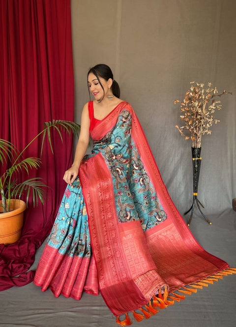 Metallic Blue Saree in Banarasi Silk with Kalamkari Prints Clothsvilla Main image