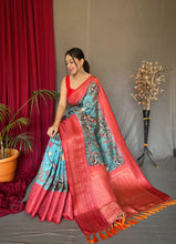 Load image into Gallery viewer, Metallic Blue Saree in Banarasi Silk with Kalamkari Prints Clothsvilla