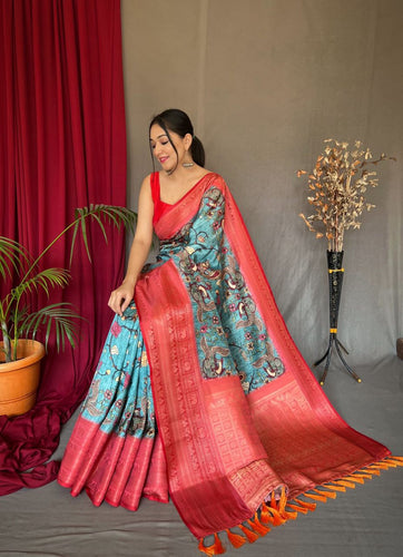 Metallic Blue Saree in Banarasi Silk with Kalamkari Prints Clothsvilla