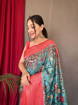 Metallic Blue Saree in Banarasi Silk with Kalamkari Prints Clothsvilla