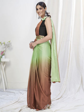 Mint Green-Brown Ready to Wear One Minute Lycra Saree ClothsVilla