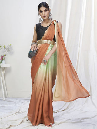 Mint Green-Brown Ready to Wear One Minute Lycra Saree ClothsVilla