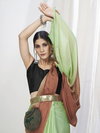 Mint Green-Brown Ready to Wear One Minute Lycra Saree ClothsVilla
