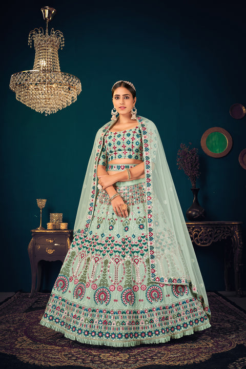 Mint Green Georgette Embroidered Designer Indian Lehenga ClothsVilla Main image