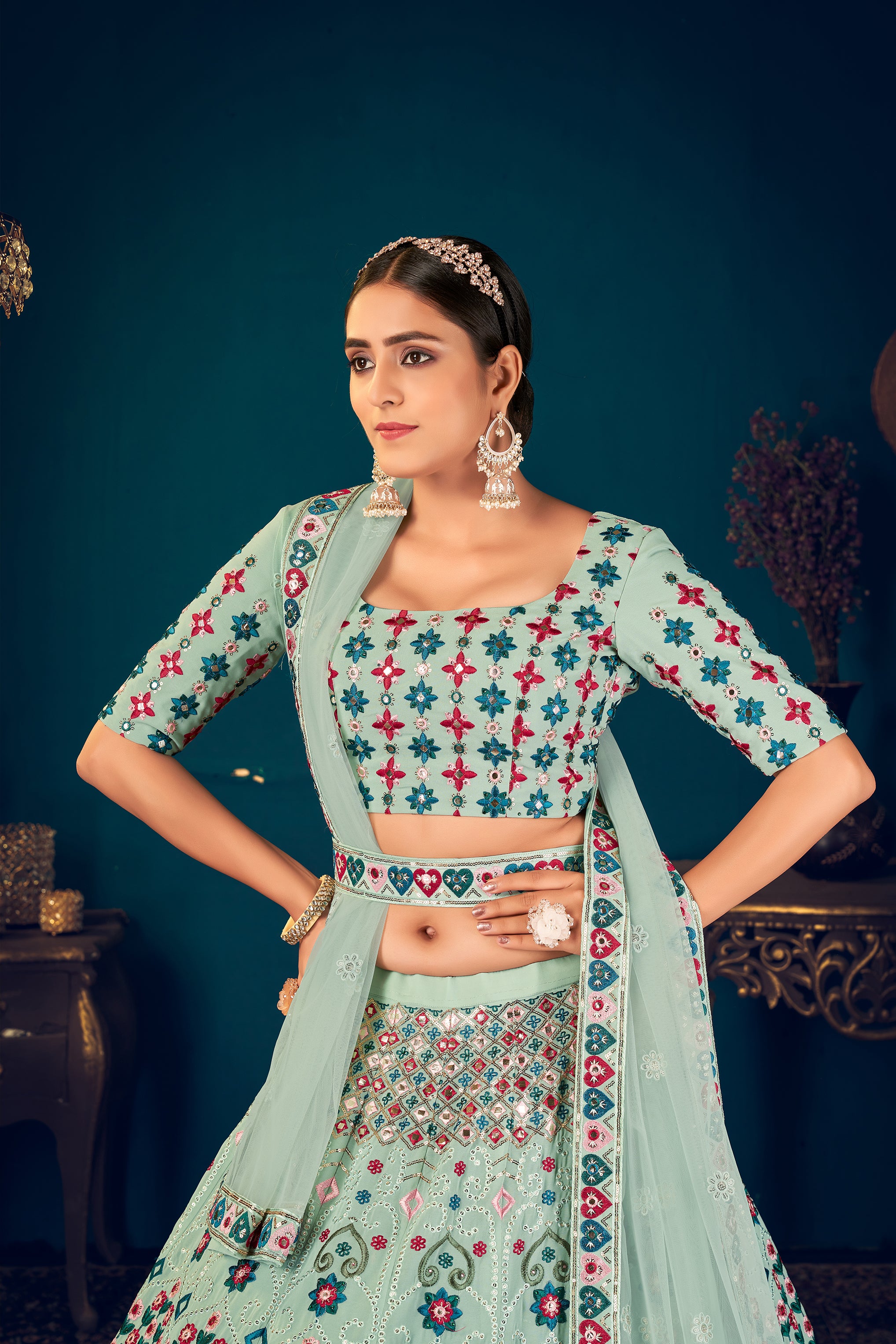 Mint Green Georgette Embroidered Designer Indian Lehenga ClothsVilla