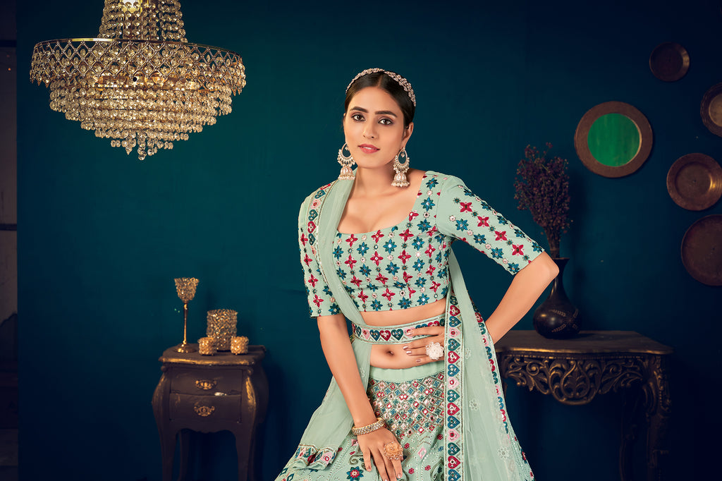 Mint Green Georgette Embroidered Designer Indian Lehenga ClothsVilla