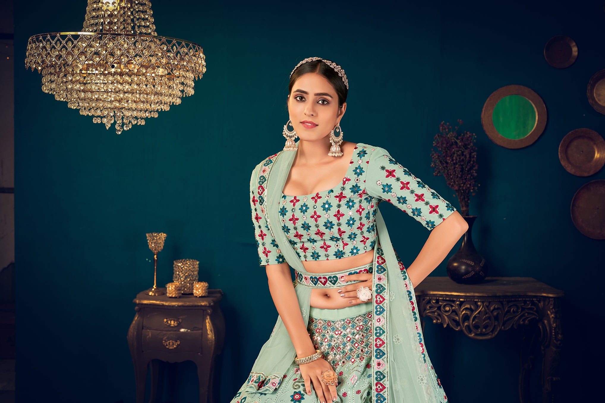 Mint Green Georgette Embroidered Designer Indian Lehenga ClothsVilla