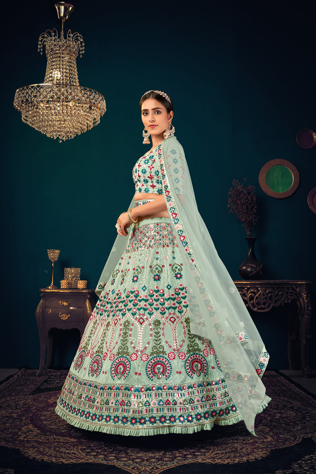 Mint Green Georgette Embroidered Designer Indian Lehenga ClothsVilla