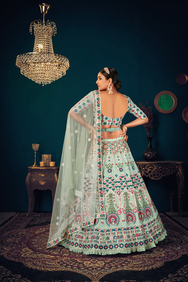 Mint Green Georgette Embroidered Designer Indian Lehenga ClothsVilla