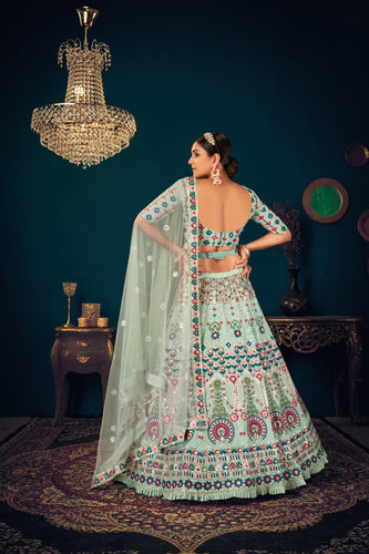 Mint Green Georgette Embroidered Designer Indian Lehenga ClothsVilla
