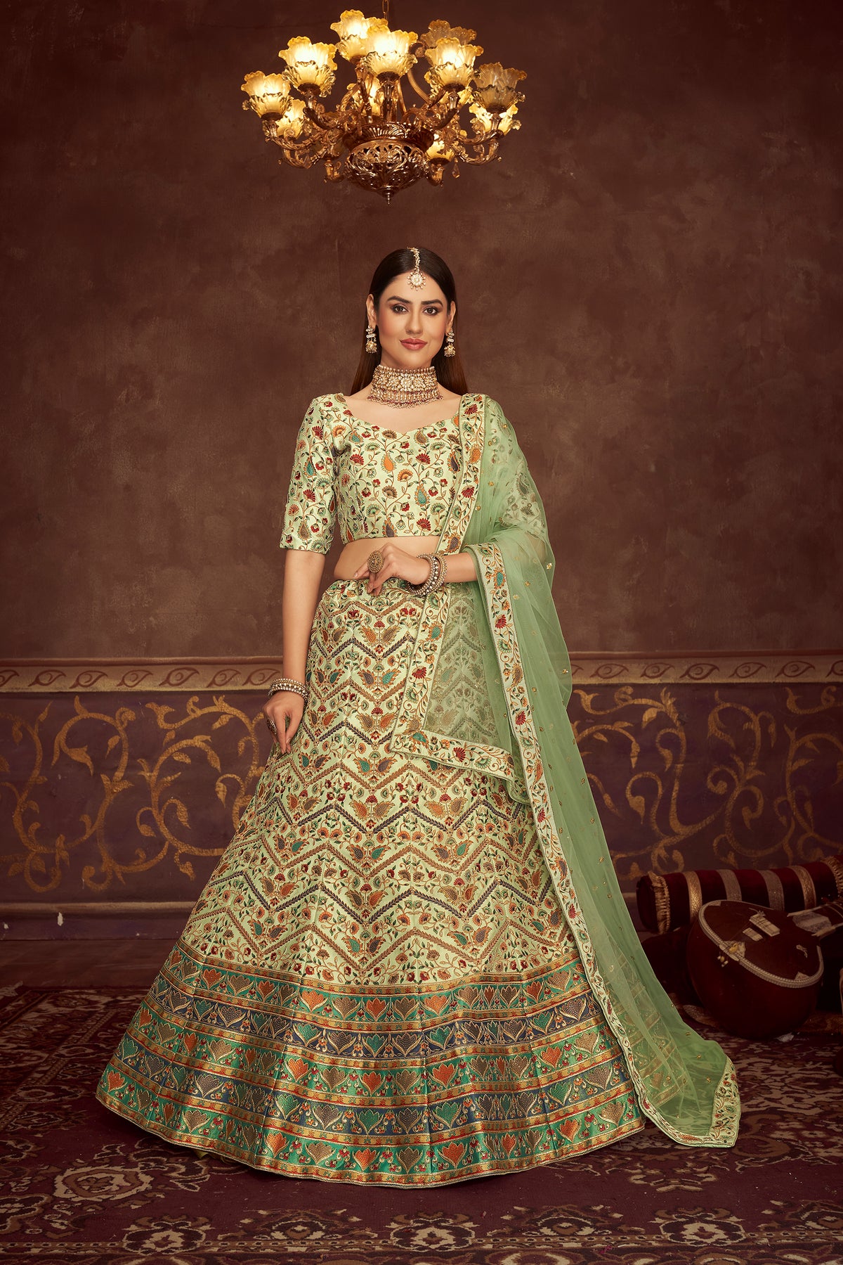 Mint Green Lehenga Choli With Embroidery With Print And Swarovski Work For Indian Wedding, Mehendi, Haldi And Traditional Functions Wearing ClothsVilla Main image