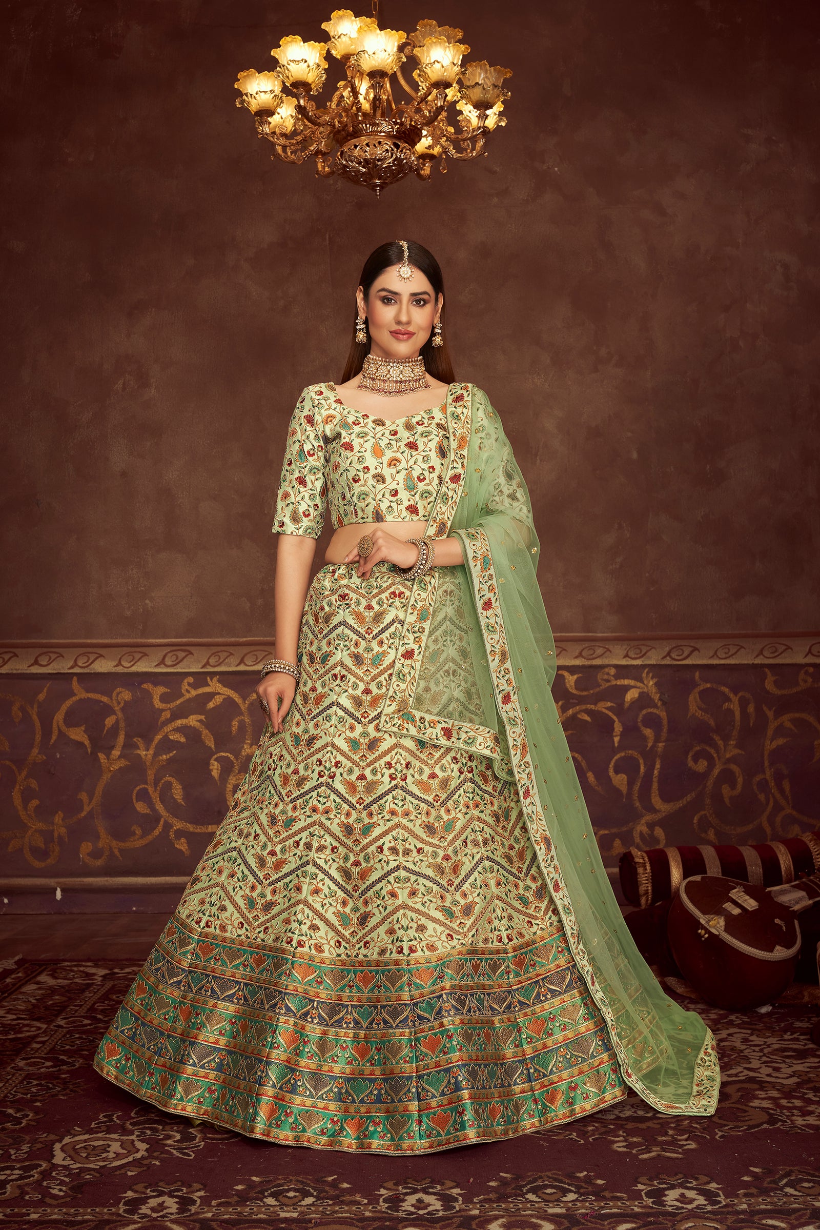Mint Green Lehenga Choli With Embroidery With Print And Swarovski Work For Indian Wedding, Mehendi, Haldi And Traditional Functions Wearing ClothsVilla