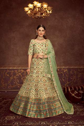 Mint Green Lehenga Choli With Embroidery With Print And Swarovski Work For Indian Wedding, Mehendi, Haldi And Traditional Functions Wearing ClothsVilla