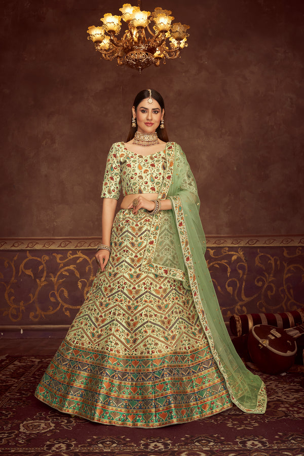 Mint Green Lehenga Choli With Embroidery With Print And Swarovski Work For Indian Wedding, Mehendi, Haldi And Traditional Functions Wearing ClothsVilla