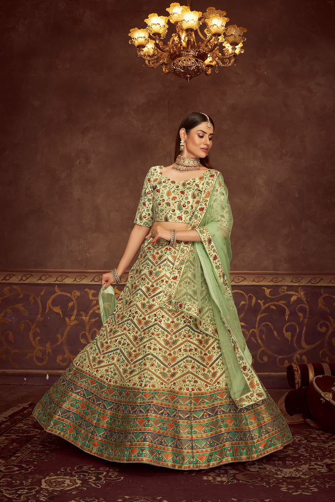 Mint Green Lehenga Choli With Embroidery With Print And Swarovski Work For Indian Wedding, Mehendi, Haldi And Traditional Functions Wearing ClothsVilla