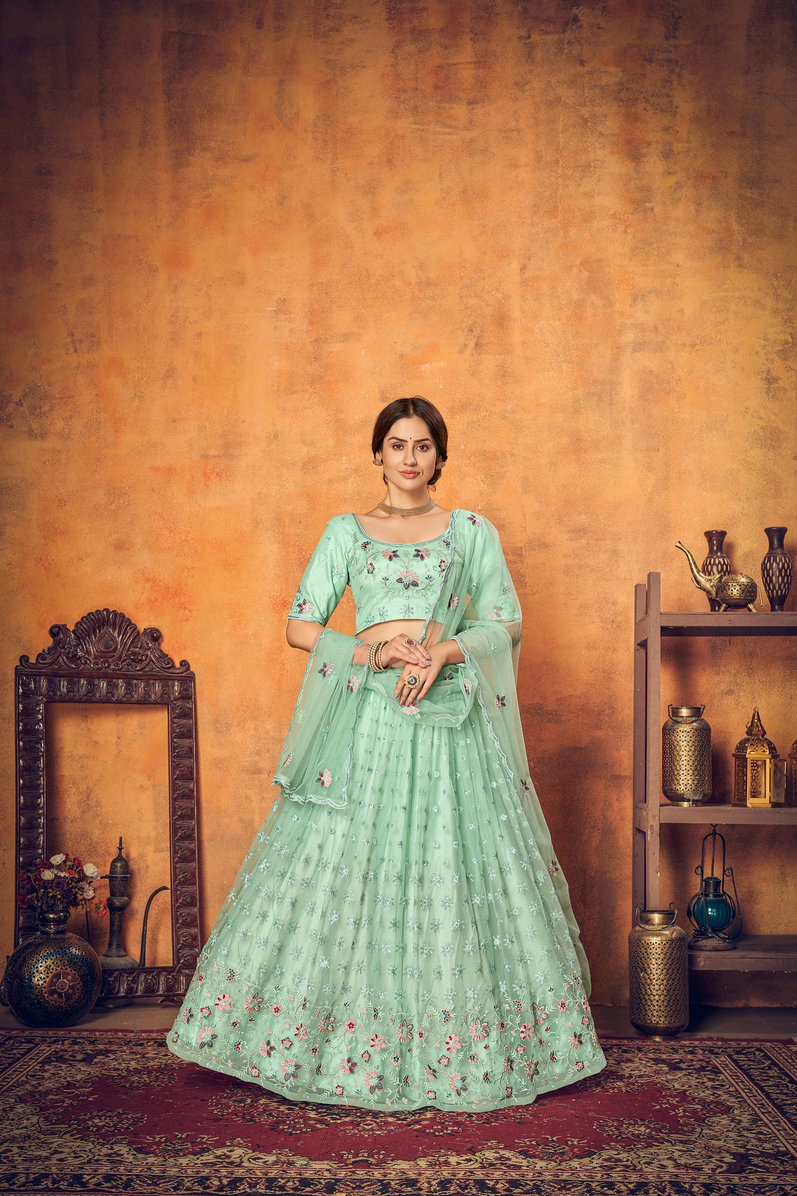 Mint Green Thread Embroidered Net Festival Lehenga Choli ClothsVilla