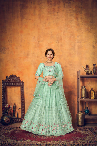 Mint Green Thread Embroidered Net Festival Lehenga Choli ClothsVilla