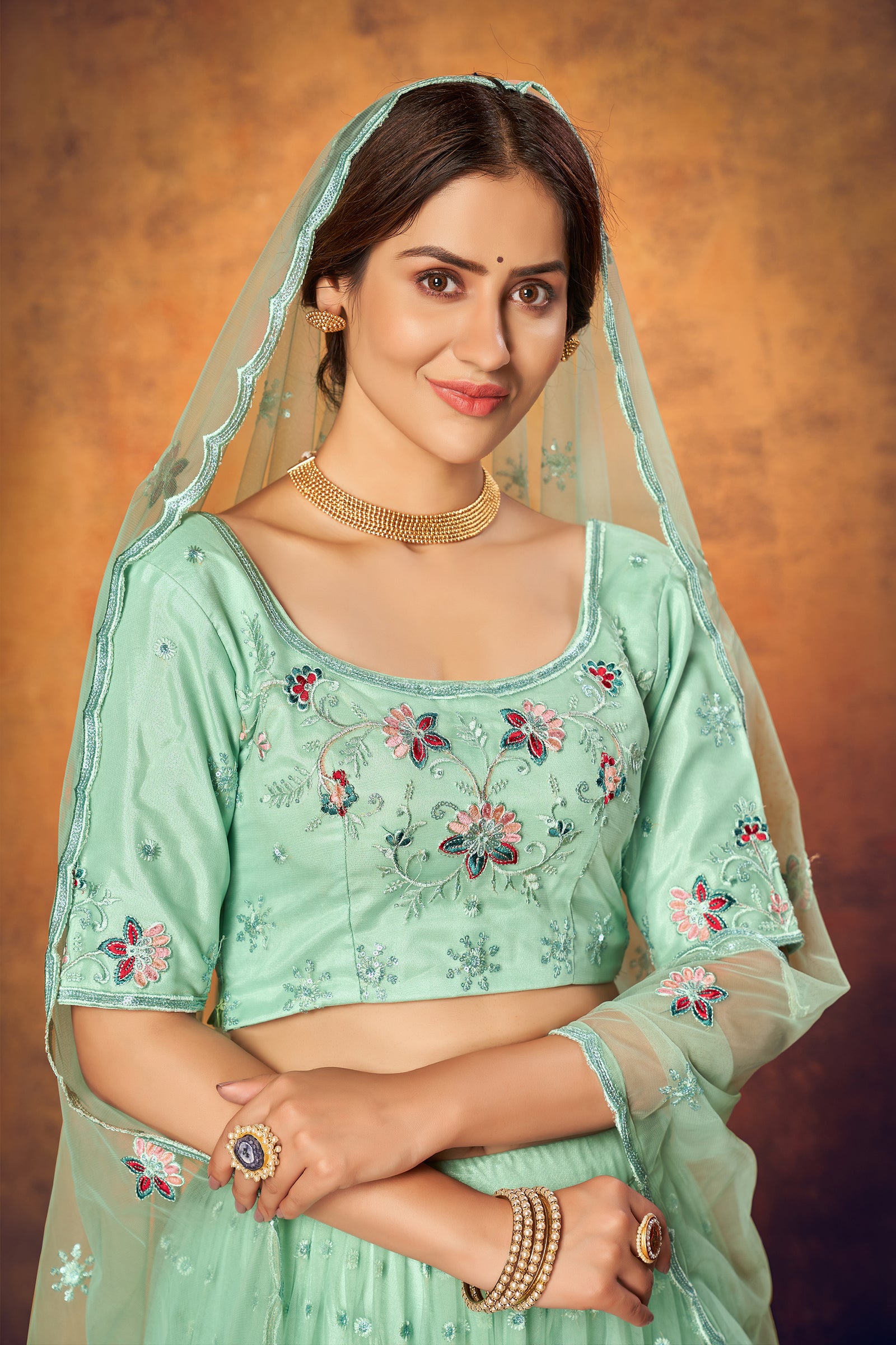 Mint Green Thread Embroidered Net Festival Lehenga Choli ClothsVilla