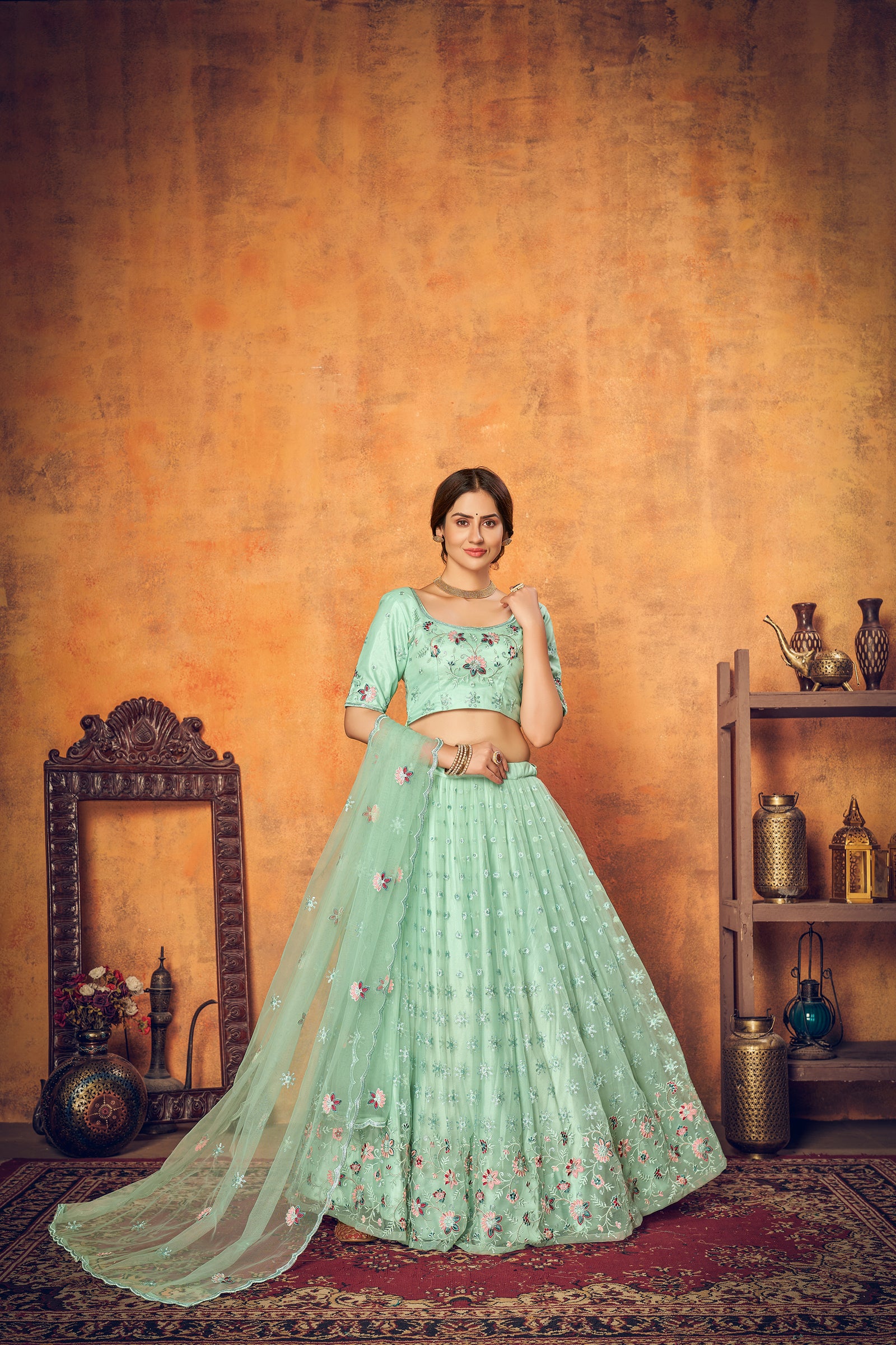 Mint Green Thread Embroidered Net Festival Lehenga Choli ClothsVilla