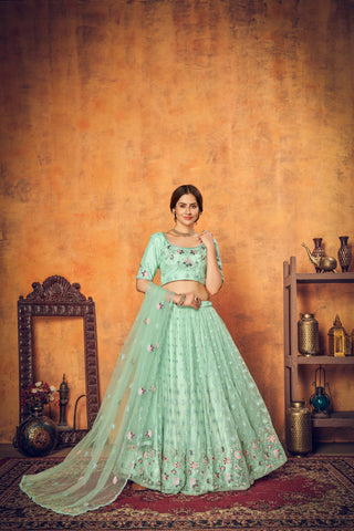 Mint Green Thread Embroidered Net Festival Lehenga Choli ClothsVilla
