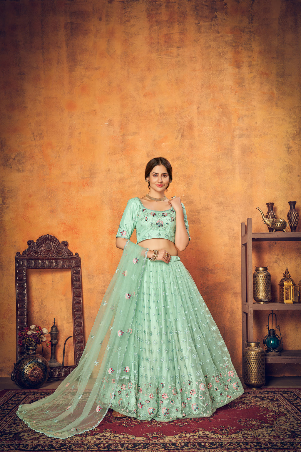 Mint Green Thread Embroidered Net Festival Lehenga Choli ClothsVilla